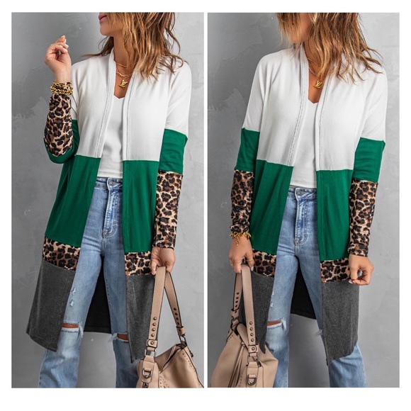 Trindy Clozet Boutique Sweaters - Leopard Color Block Open Front Longline Cardigan